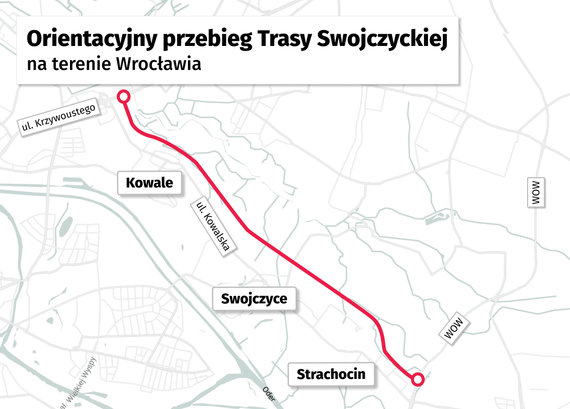 Powiększ obraz: Mapa przedstawia orientacyjny przebieg Trasy Swojczyckiej od Wschodniej Obwodnicy Wrocławia do ulicy Krzywoustego