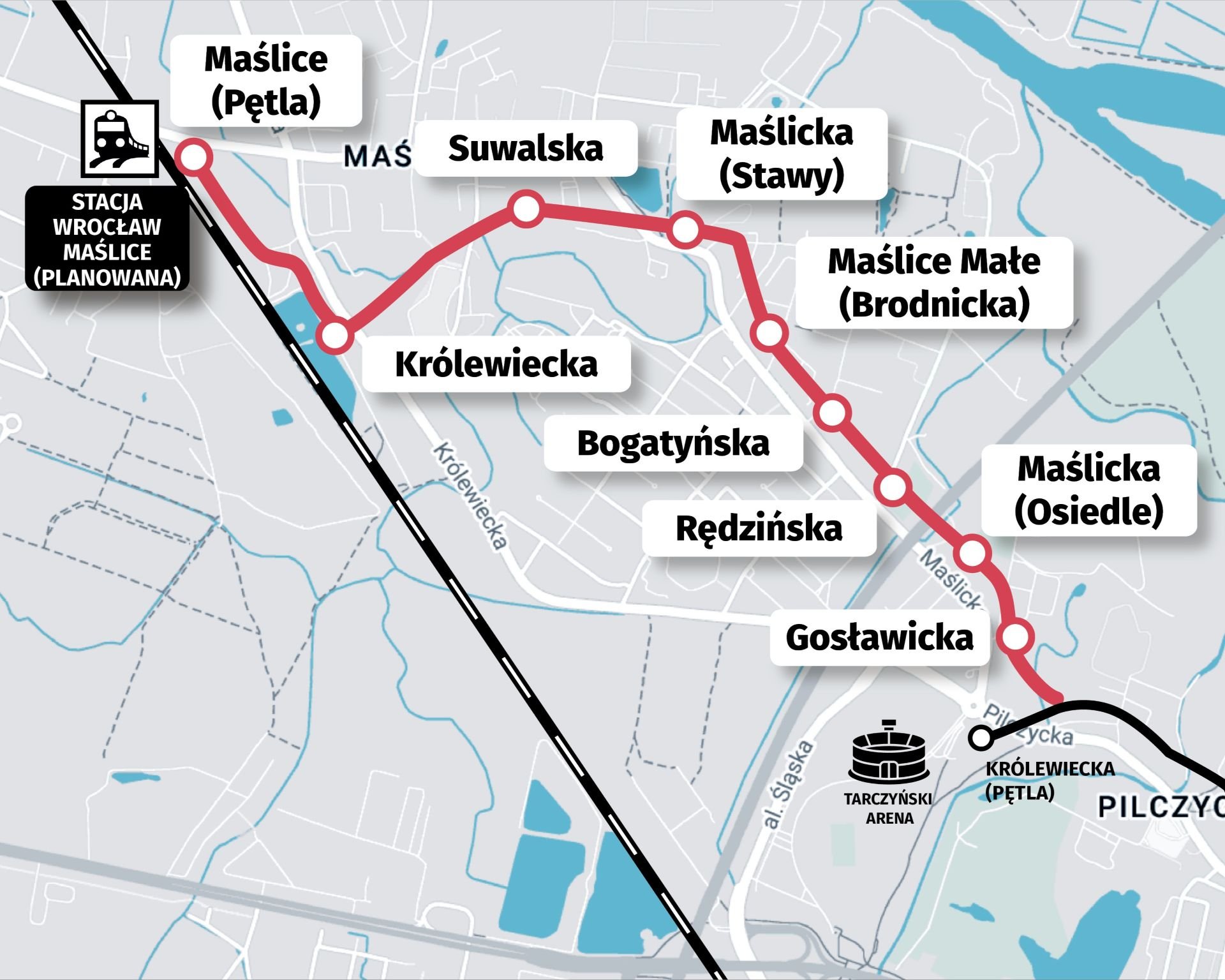 Powiększ obraz: Mapa przedstawia przebieg tramwaju na Maślice