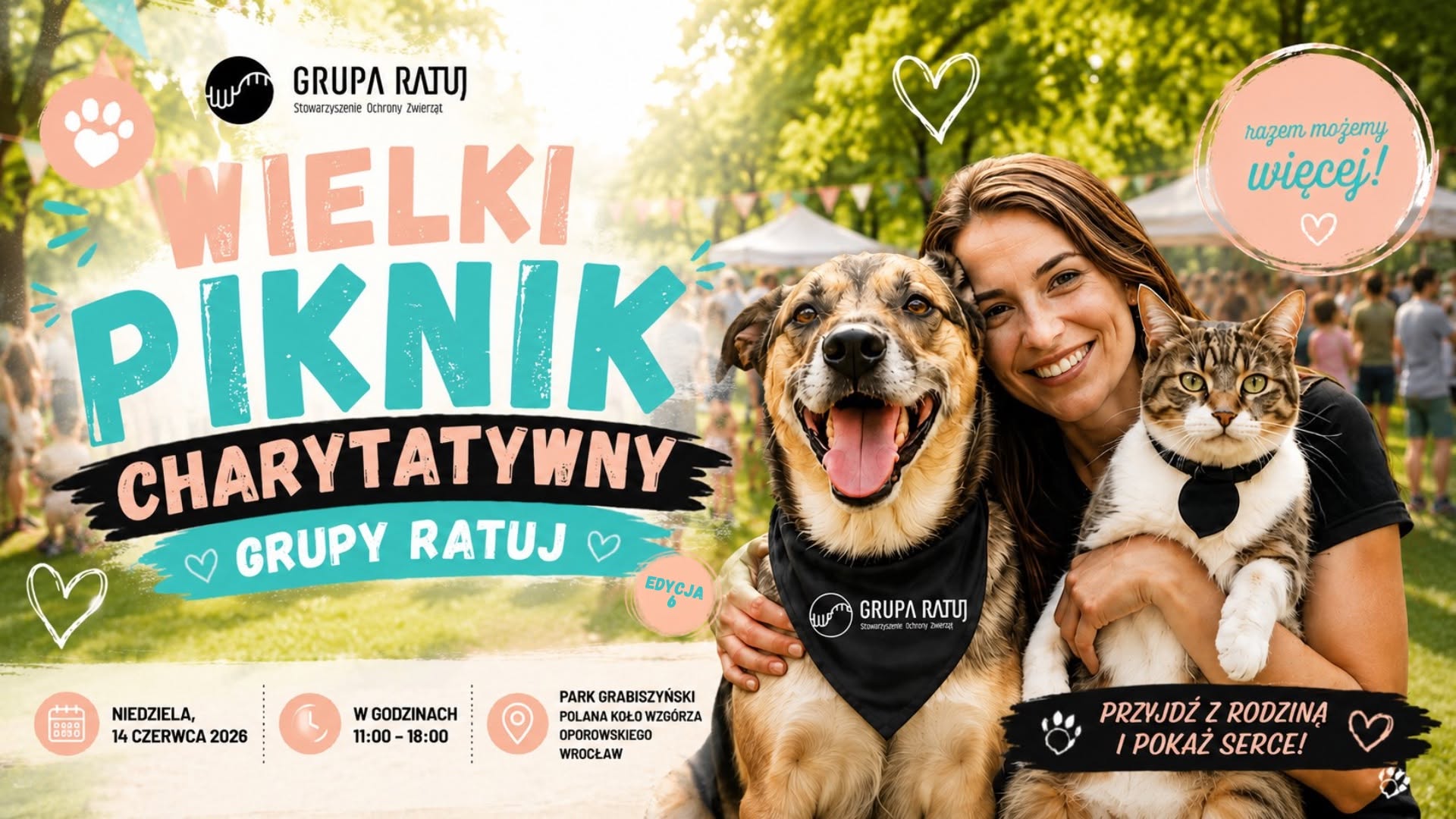 Baner informujący o Wielkim Pikniku Charytatywnym Grupy Ratuj, 14 czerwca 2026 roku