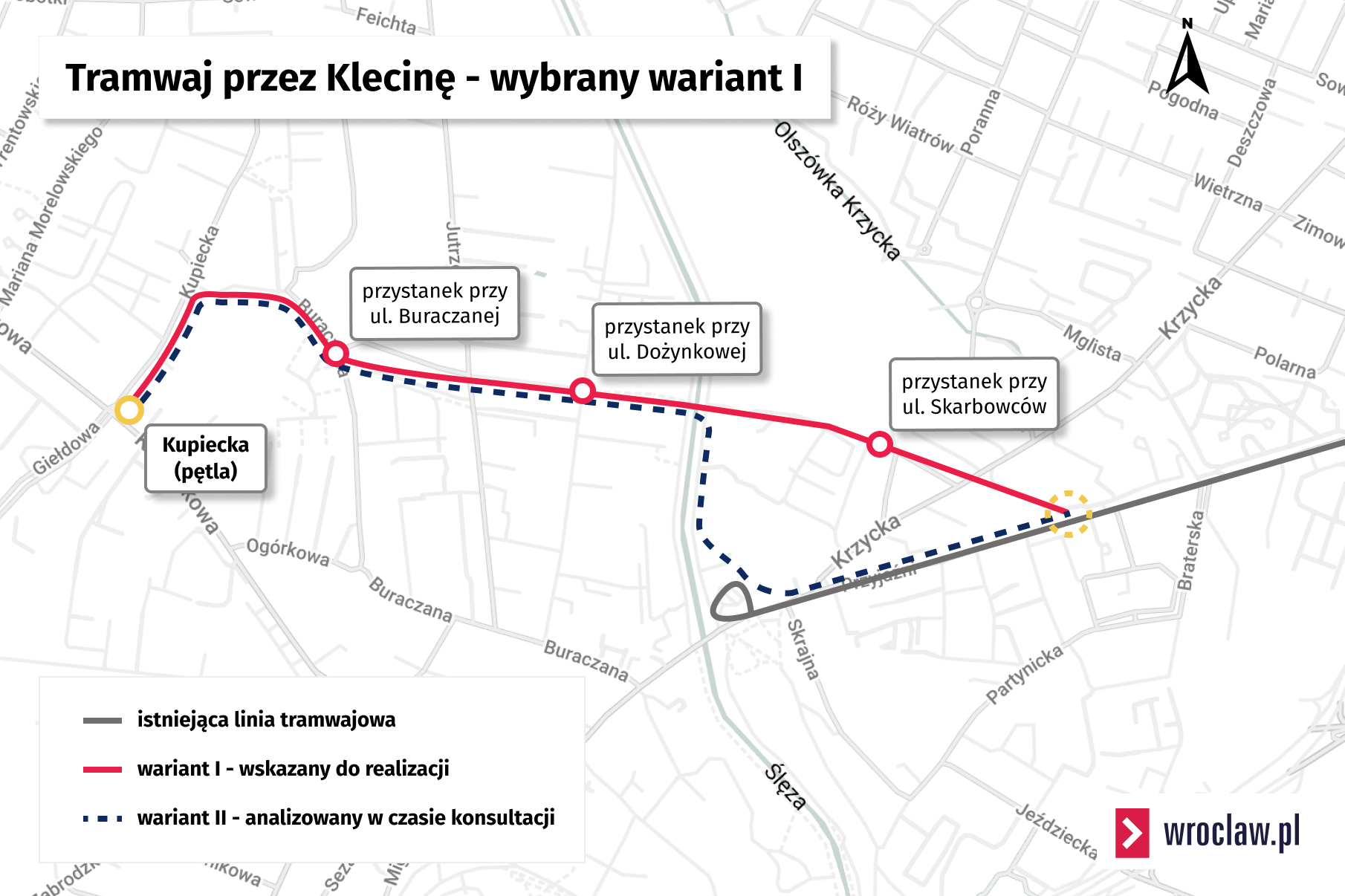 Powiększ obraz: Mapa przedstawia trasy tramwaju przez Klecinę