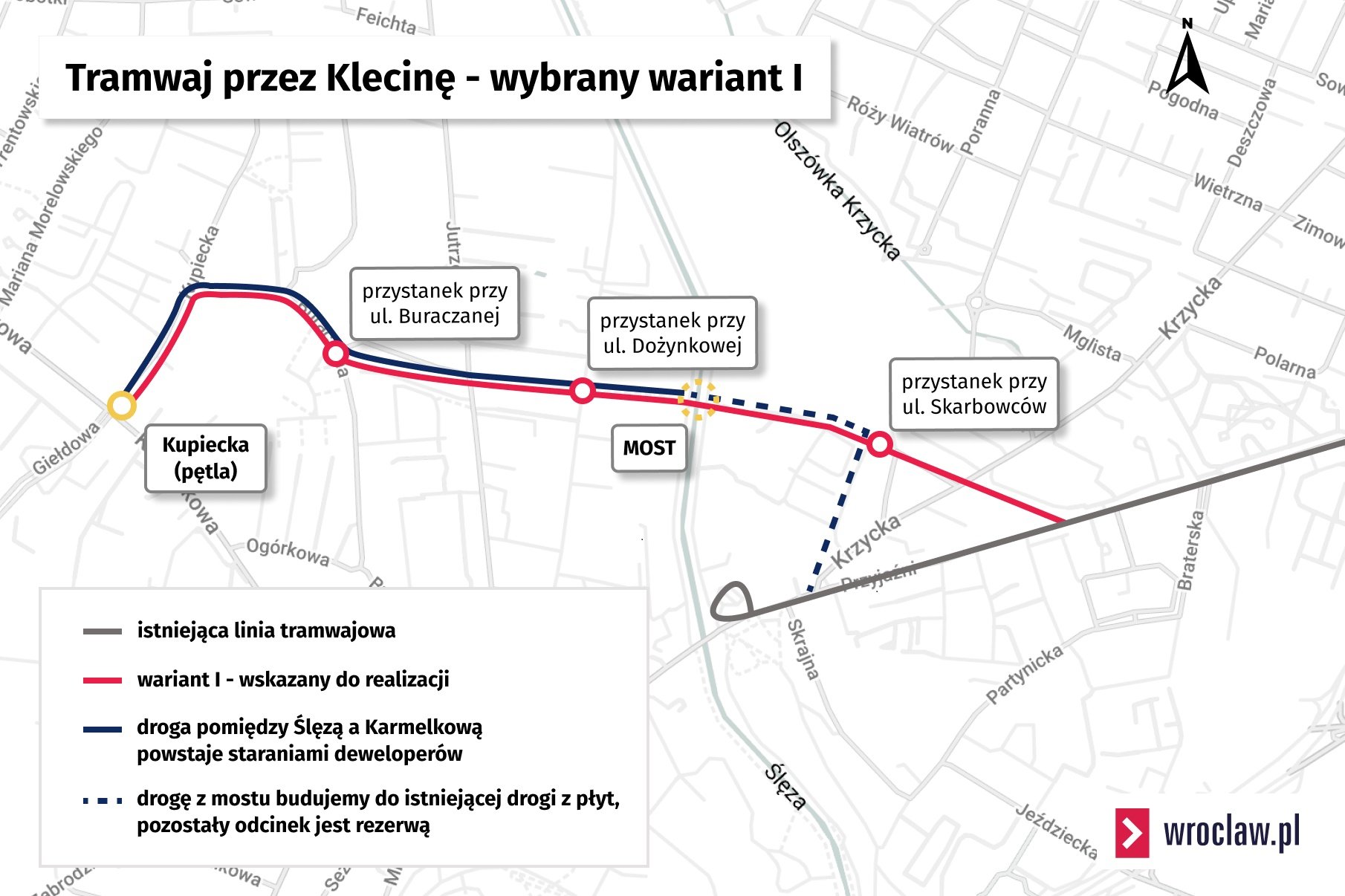 Powiększ obraz: Mapa przedstawia wybraną trasę tramwaju przez Klecinę oraz drogę dla samochodów łączącą Oporów z Kleciną i Krzykami