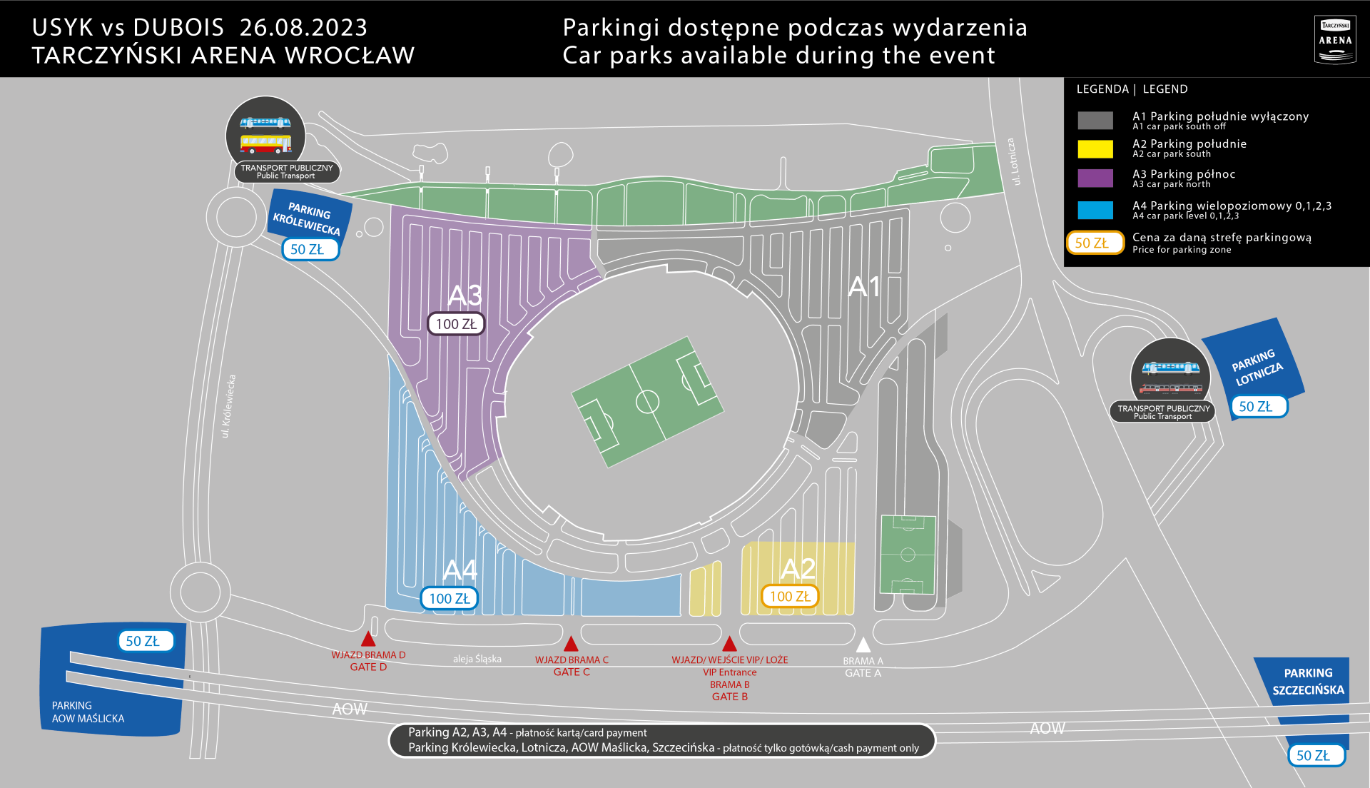 Powiększ obraz: Mapa przedstawia rozmieszczenie parkingów dostępnych przed walką Usyk vs Dubois