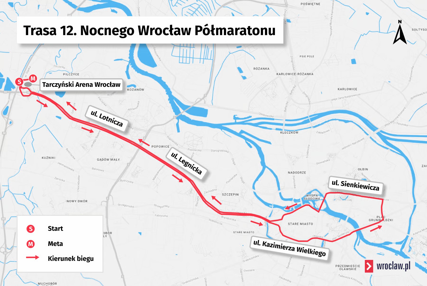 Powiększ obraz: Mapa z trasą 12. Nocnego Wrocław Półmaratonu