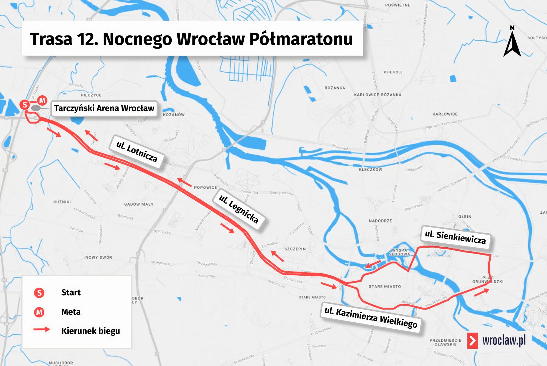 Powiększ obraz: Mapa z trasą 12. Tarczyński Nocnego Wrocław Półmaratonu