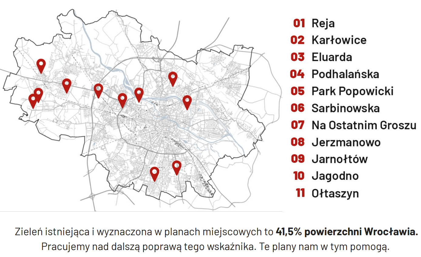 Mapa przedstawia 11 miejsc objętych 15 lutego nowymi planami zagospodarowania przestrzennego.