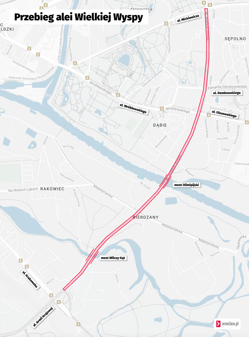 Powiększ obraz: Mapa przedstawia przebieg alei Wielkiej Wyspy.