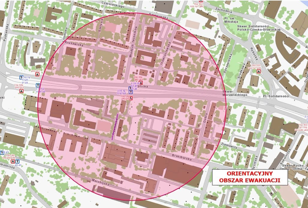 Mapa przedstawia orientacyjny obszar ewakuacji