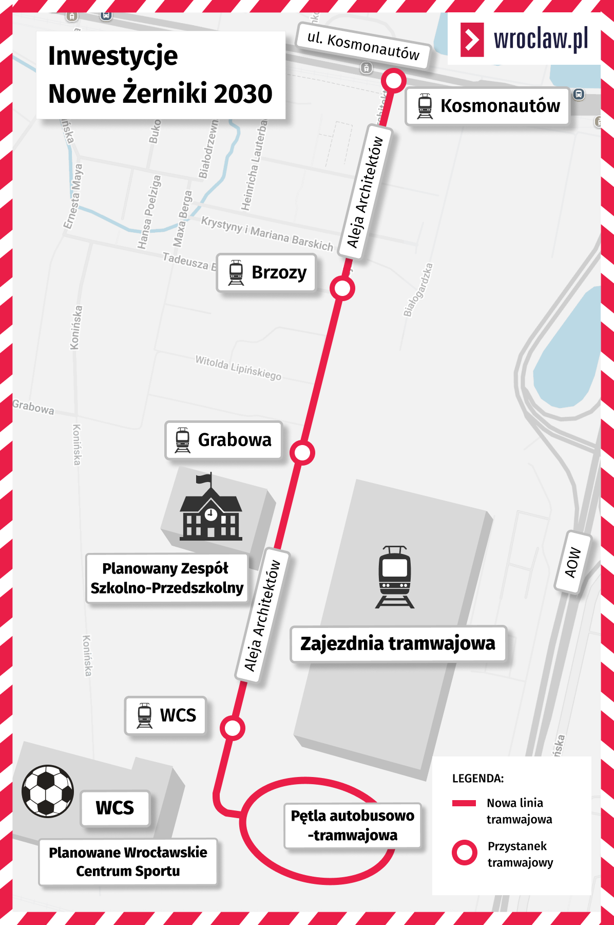 Mapa przedstawia lokalizacje inwestycji na Nowych Żernikach