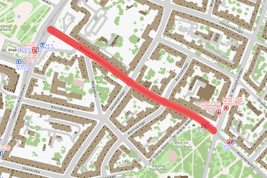 Mapa przedstawia odcinek ulicy Nowowiejskiej, który jest przewidziany do przebudowy