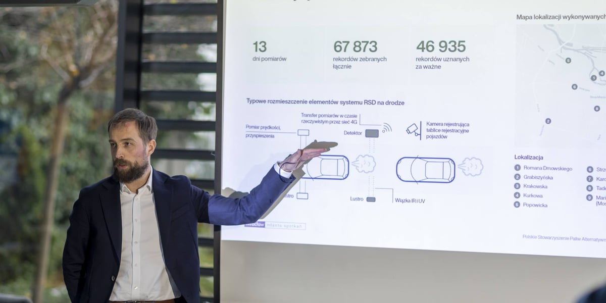 Na zdjęciu: Michał Mazur, dyrektor zarządzający w Polskim Stowarzyszeniu Paliw Alternatywnych, prezentujący raport w urzędzie miejskim 