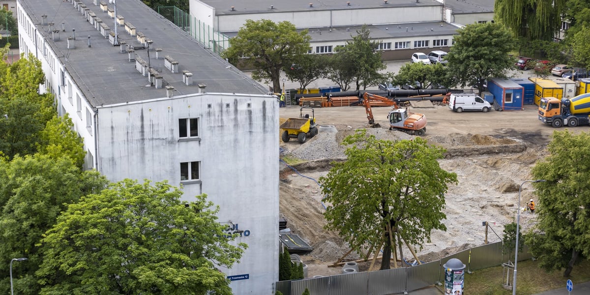 Komisariat Wrocław-Stare Miasto, korony drzew, pojazdy i ludzie na rozkopanej, ogrodzonej działce