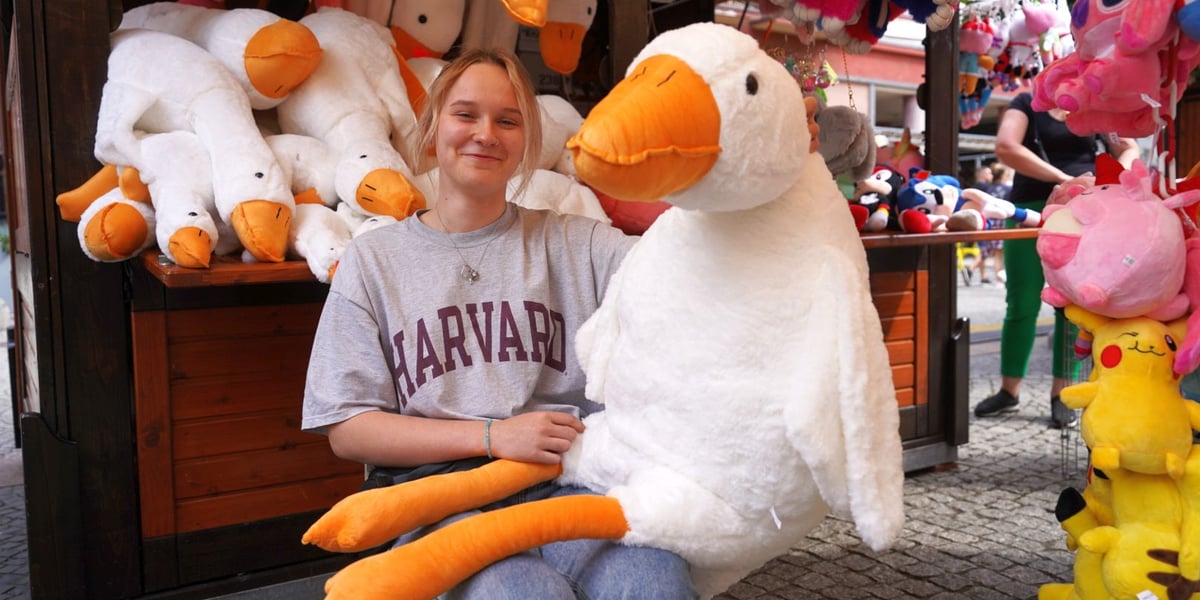 Młoda, uśmiechnięta sprzedawczyni na Jarmarku Świętojańskim w szarej koszulce z napisem "Harvard" trzyma na kolanach dużą, pluszową maskotkę - białą gęś.