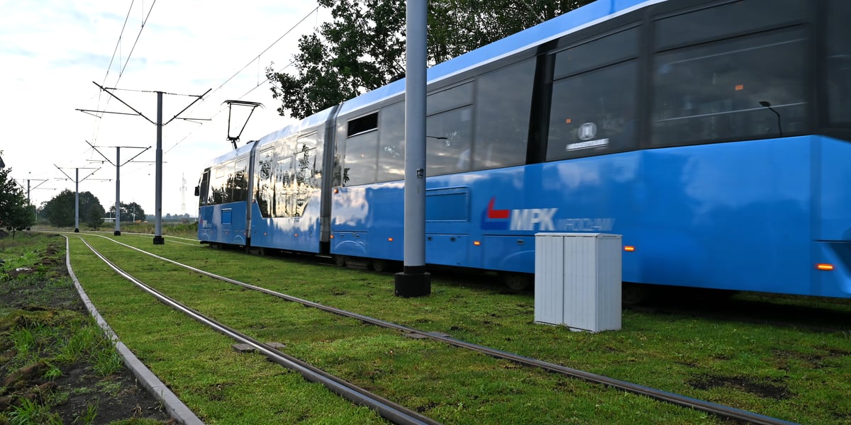 Tramwaj pędzący zielonym torowiskiem wzdłuż ulicy Kosmonautów. 