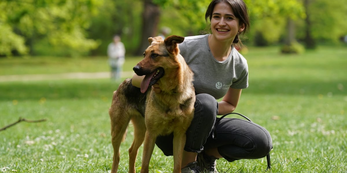 Magdalena Tkacz z Fundacji Centaurus z psem podczas Pikniku Adopcyjnego Fundacji Centaurus w parku Południowym