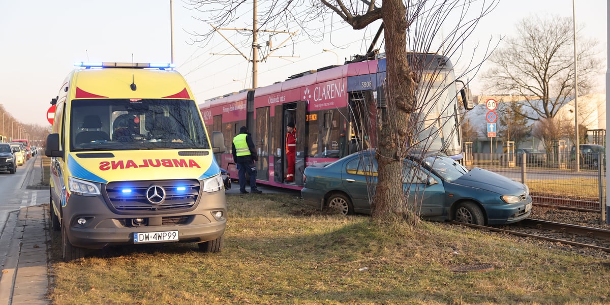 Tramwaj, samochód na torach, drzewa, pracownicy służb
