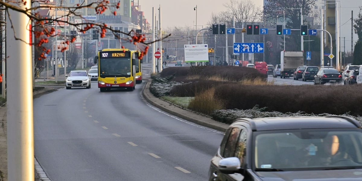 Wydzielony buspas zaczynać się będzie na ulicy Strzegomskiej od skrzyżowania z Rogowską. Na zdjęciu widok na to skrzyżowanie, gdzie autobusy jadące w kierunku Muchoboru Wielkiego zjeżdżają z trasy autobusowo-tramwajowej i kontynuują jazdę ogólną jezdnią Strzegomskiej, a dalej Mińskiej 