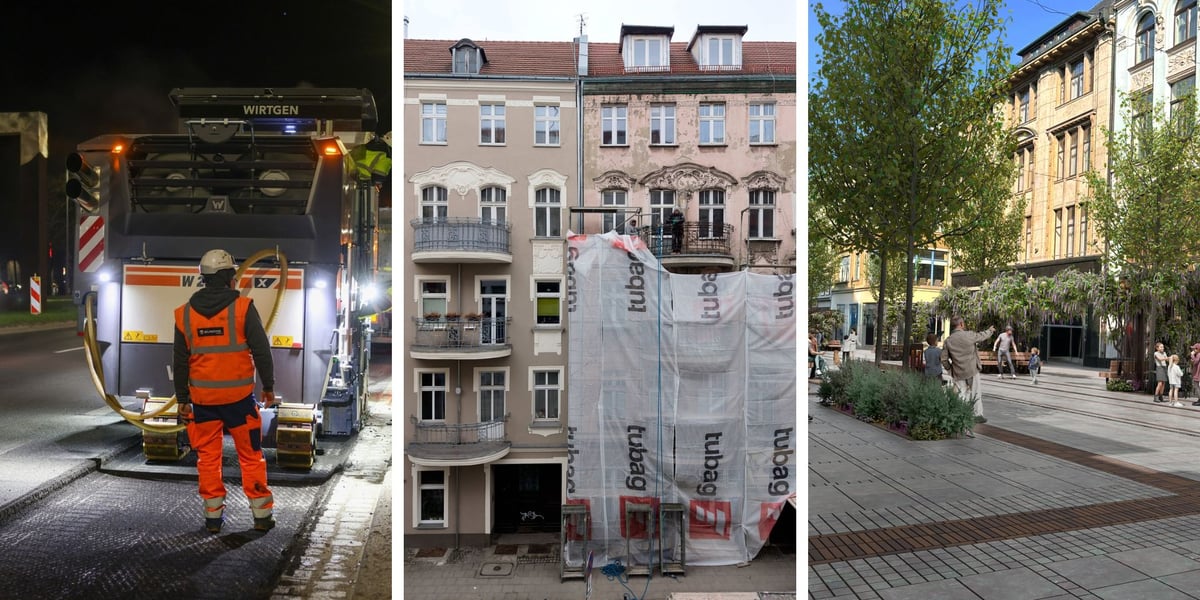 Zdjęcie podzielone na trzy części: z lewej remont jezdni na Al. Karkonoskiej,; w środku - remont fasady kamienicy na ul. Cybulskiego; z prawej - wizualizacja ul. Ruskiej po zmianach.