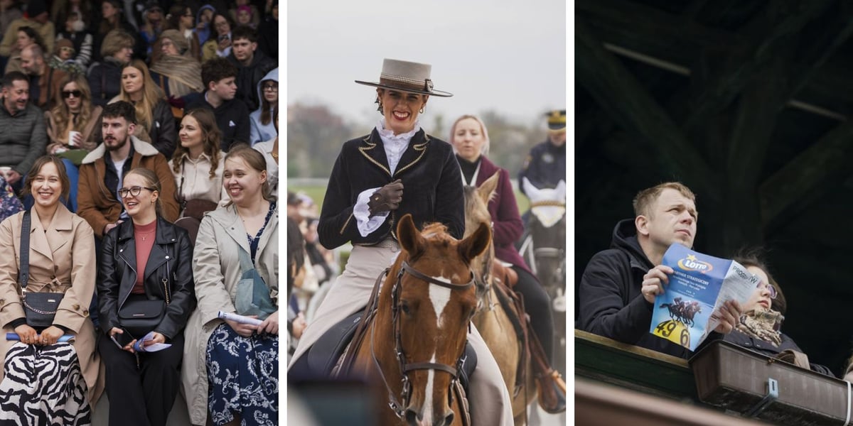 Na 3 zdjęciach publiczność na Partynicach, kobieta na koniu, mężczyzna sprawdzający kolejność gonitw
