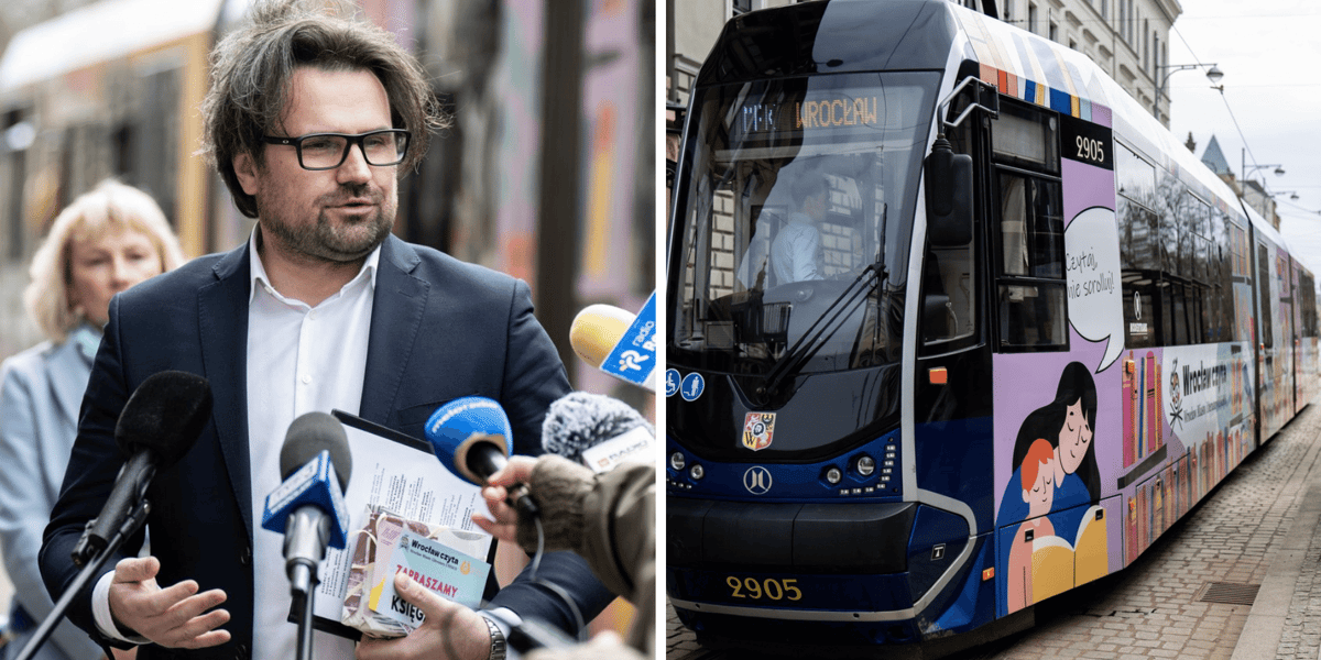 Kolaż 2 zdjęć: konferencja na temat akcji Wrocław czyta, na pierwszym planie Jarosław Perduta, dyrektor Departamentu Marki Miasta Urzędu Miejskiego Wrocławia, z prawej symbol akcji - BookTram