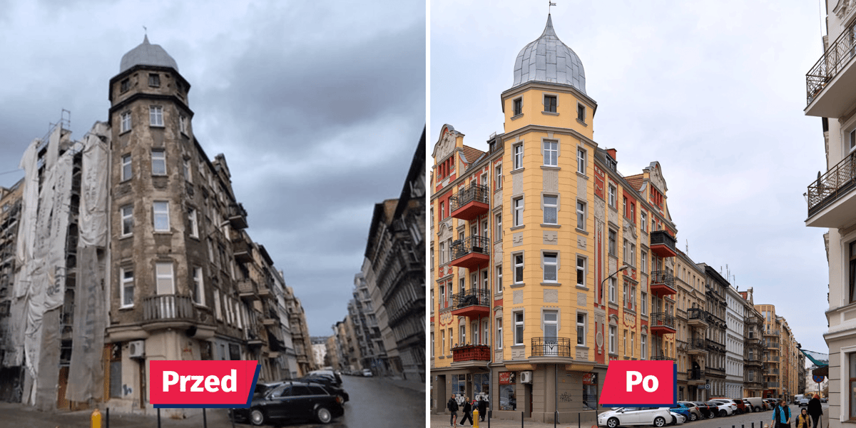 Kamienica przy jedności Narodowej przed (po lewej) i po remoncie (po prawej