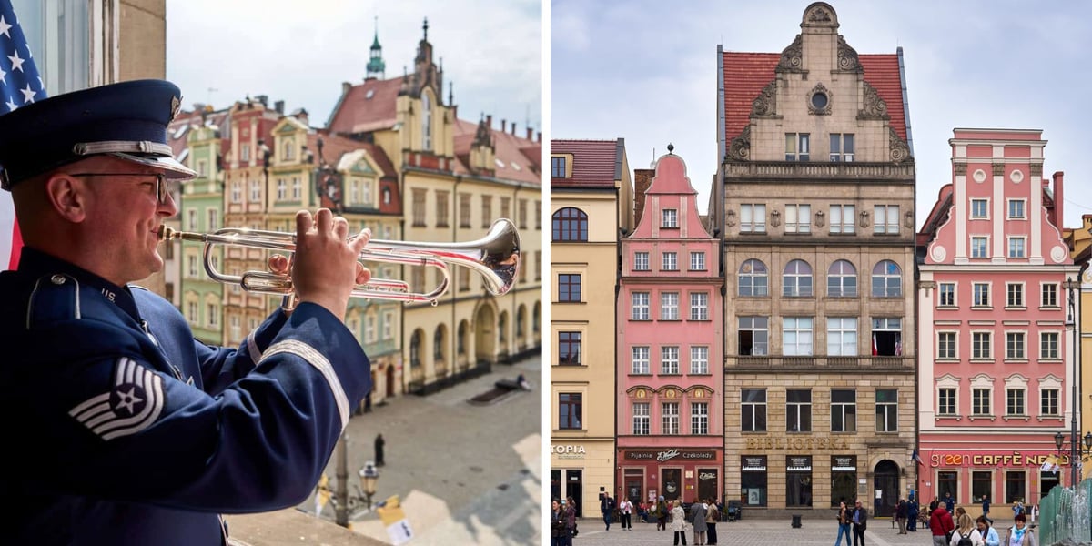 Na zdjęciu z lewej sierżant techniczny Nick Del Villano gra hejnał z okna Biblioteki Wojewódzkiej w Rynku, na zdjęciu z prawej kamienica, w której mieści się Biblioteka Wojewódzka