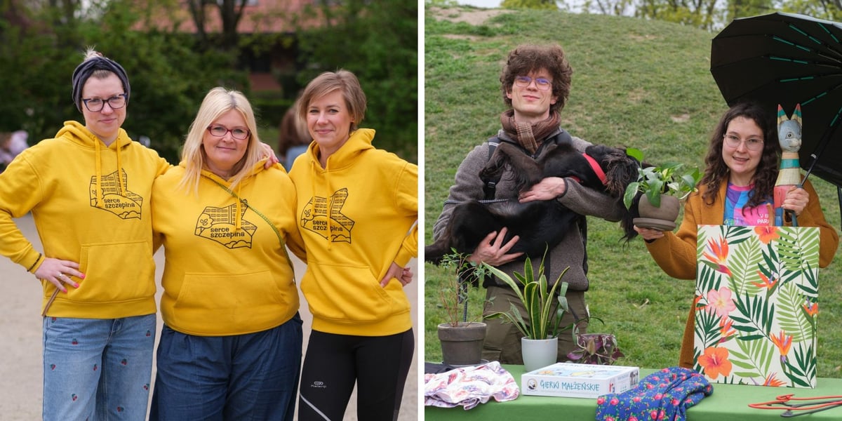 Pchli Targ w Sercu Szczepina - 19.04.2026 r., z lewej trzy kobiety ubrane w żółte bluzy z napisem "Serce Szczepina", z prawej wystawcy prezentują swoje przedmioty na sprzedaż