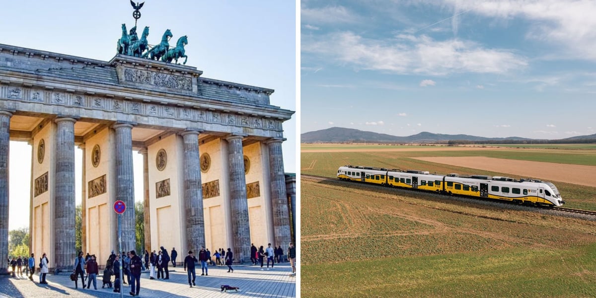 Zdjęcie ilustracyjne podzielone na pół: z lewej strony widok na Bramę Brandenburską w Berlinie; z prawej - pociąg Kolei Dolnośląskich jadący przez pola.