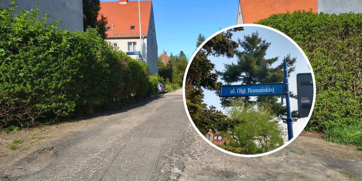 W tle alejka Olgi Boznańskiej, stan przed remontem. W kółku tabliczka z nazwą ulicy Olgi Boznańskiej.