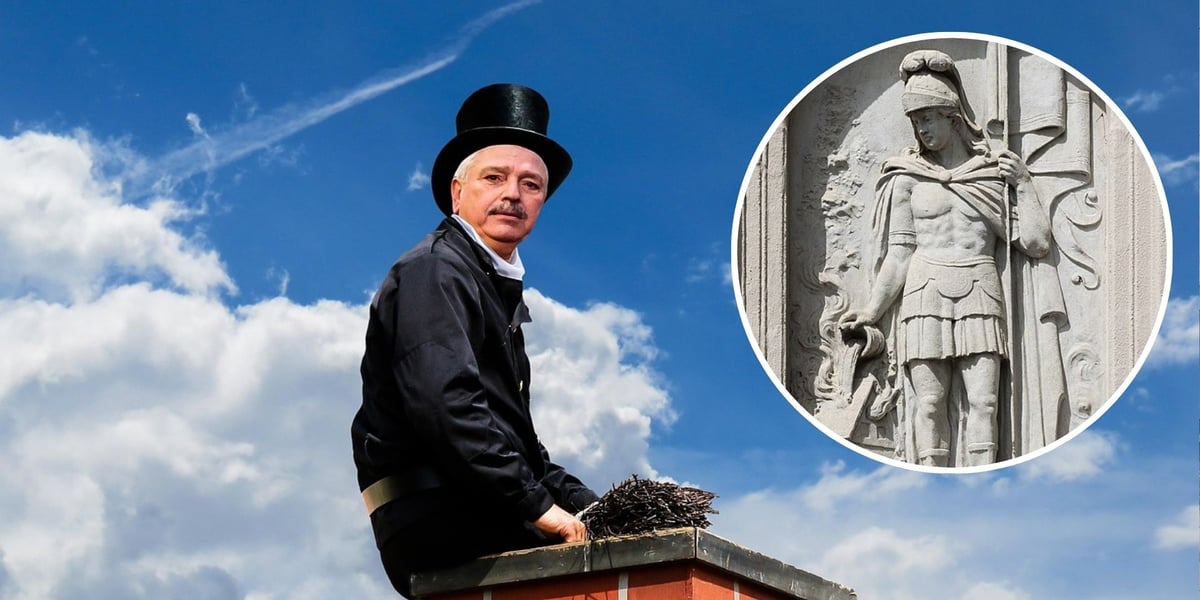 Na zdjęciu dużym ilustracyjnym kominiarz na dachu budynku, na zdjęciu małym św. Florian, patron kominiarzy – płaskorzeźba w Wambierzycach na Dolnym Śląsku