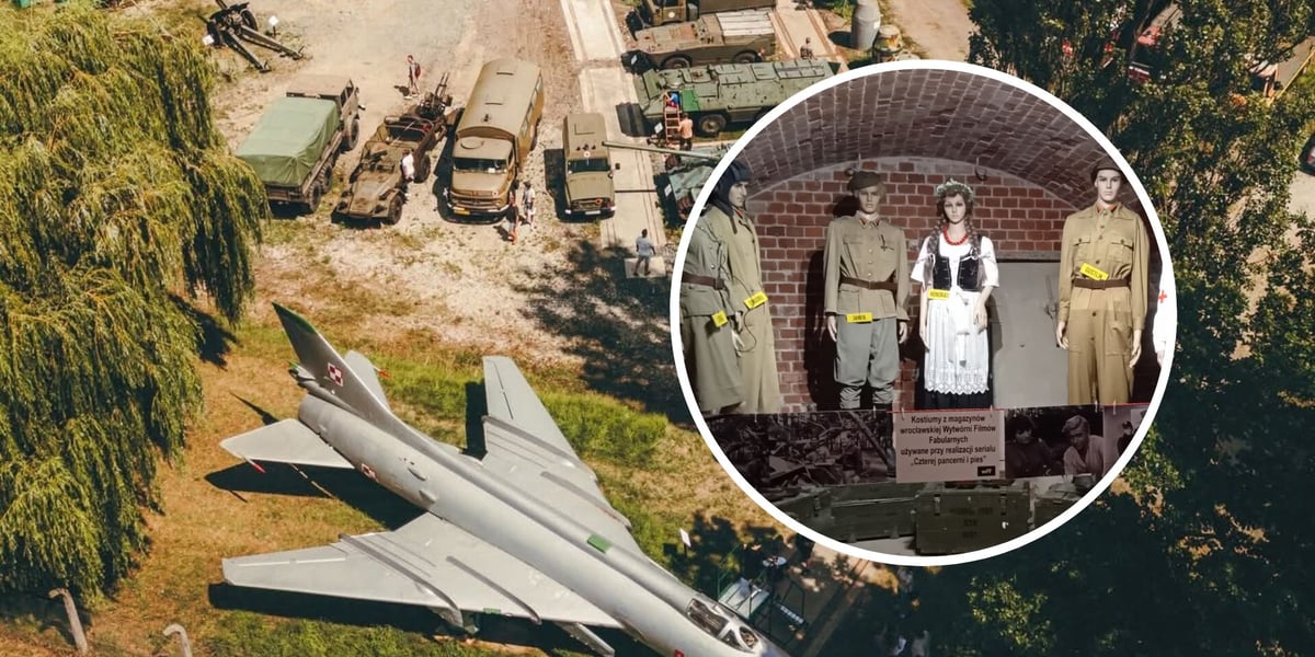 Społeczne Muzeum Militarne we Wrocławiu startuje z nowym sezonem 2026. Na zdjęciu widok z góry na samolot i czołgi prezentowane przy ul. Pełczyńskiej