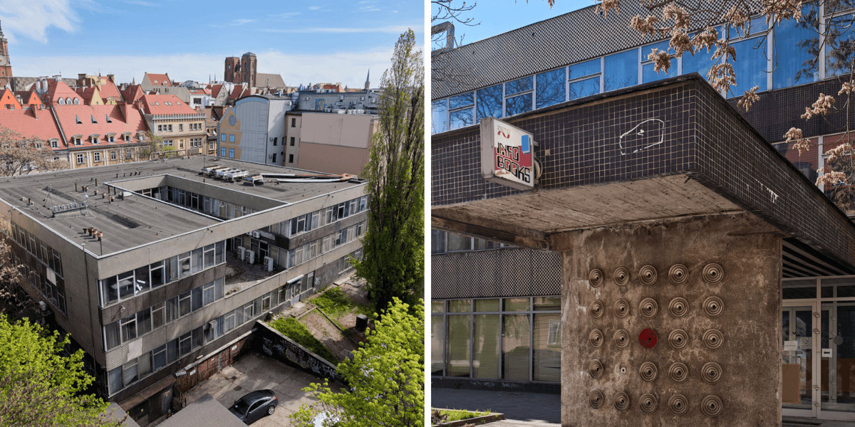 Budynek ZETO przy ul. Ofiar Oświęcimskich - z lewej zdjęcie z drona, z prawej zbliżenie na bramę