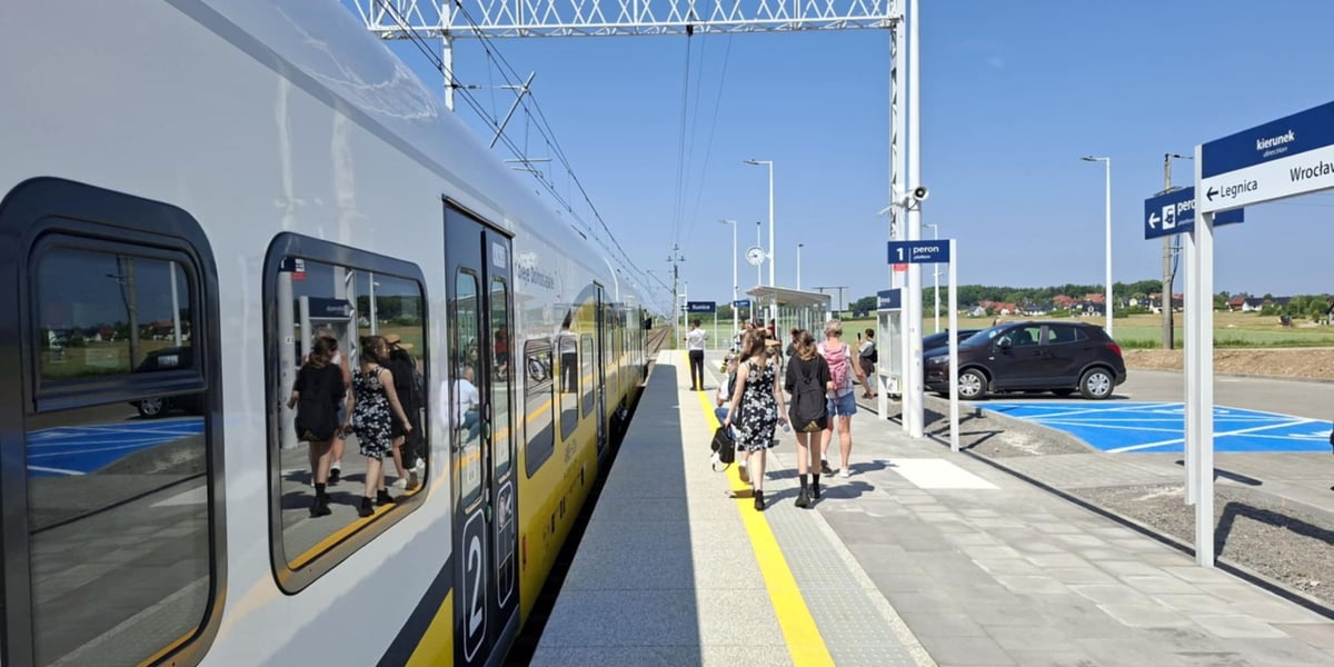 Zdjęcie ilustracyjne - grupa pasażerów idąca po peronie, przy którym stoi pociąg w barwach Kolei Dolnośląskich.