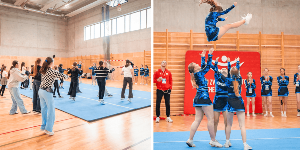 Kolaż 2 zdjęć przedstawiających wydarzenie "Cheerleading to sport"  w ZSP nr 26 we Wrocławiu. Z lewej trening uczniów wrocławskich szkół, z prawej pokaz w wykonaniu zawodniczek Energy Cheerleaders Zabrze.