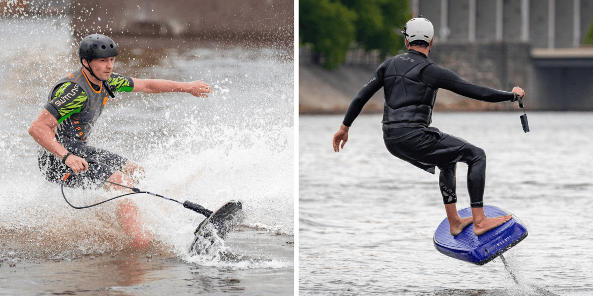 Kolaż 2 zdjęć: jetboard i e-foil  - deski z napędem, które nie potrzebują fal