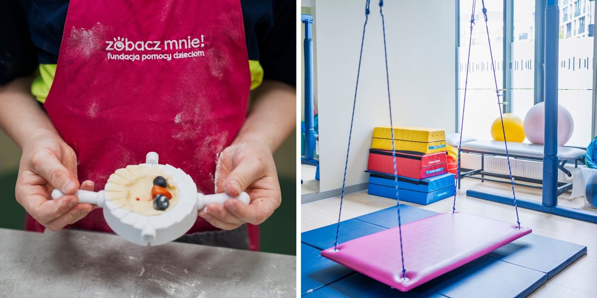 Projekt „Wsparcie nie tylko na starcie” obejmuje m.in. warsztaty dla dzieci, rodziców i opiekunów, diagnozy medyczne i pomoc w organizowaniu wolnego czasu, a także wiele więcej / zdjęcie ilustracyjne przedstawia warsztaty z lepienia pierogów oraz huśtawkę i narzędzia do ćwiczeń i rehabilitacji