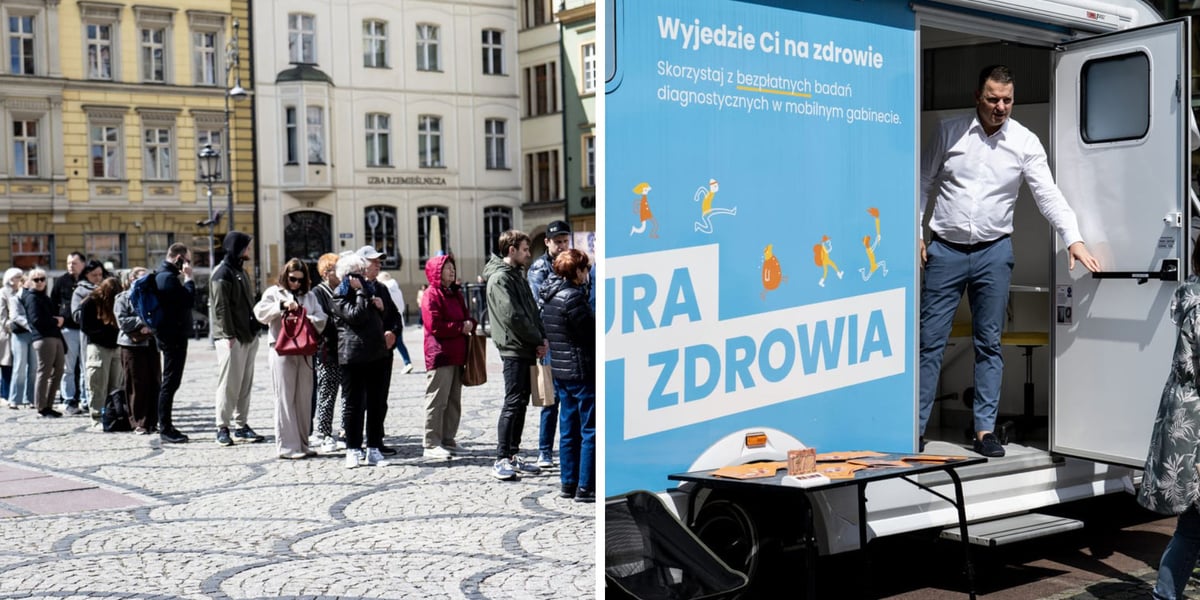 Z lewej: kolejka chętnych do badania dermatoskopem. Z prawej: "Fura Zdrowia" - mobilny gabinet dermatoskopowy.  Wrocław, 12.05.2026