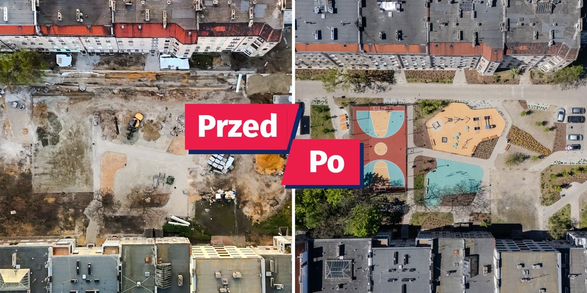 Dwa zdjęcia z drona przedstawiające wnętrze podwórka między ulicami Struga, Kleczkowską, Zegadłowicza i Kraszewskiego - z lewej w trakcie przebudowy z nałożonym napisem "Przed"; z prawej - po przebudowie z nałożonym napisem "Po".