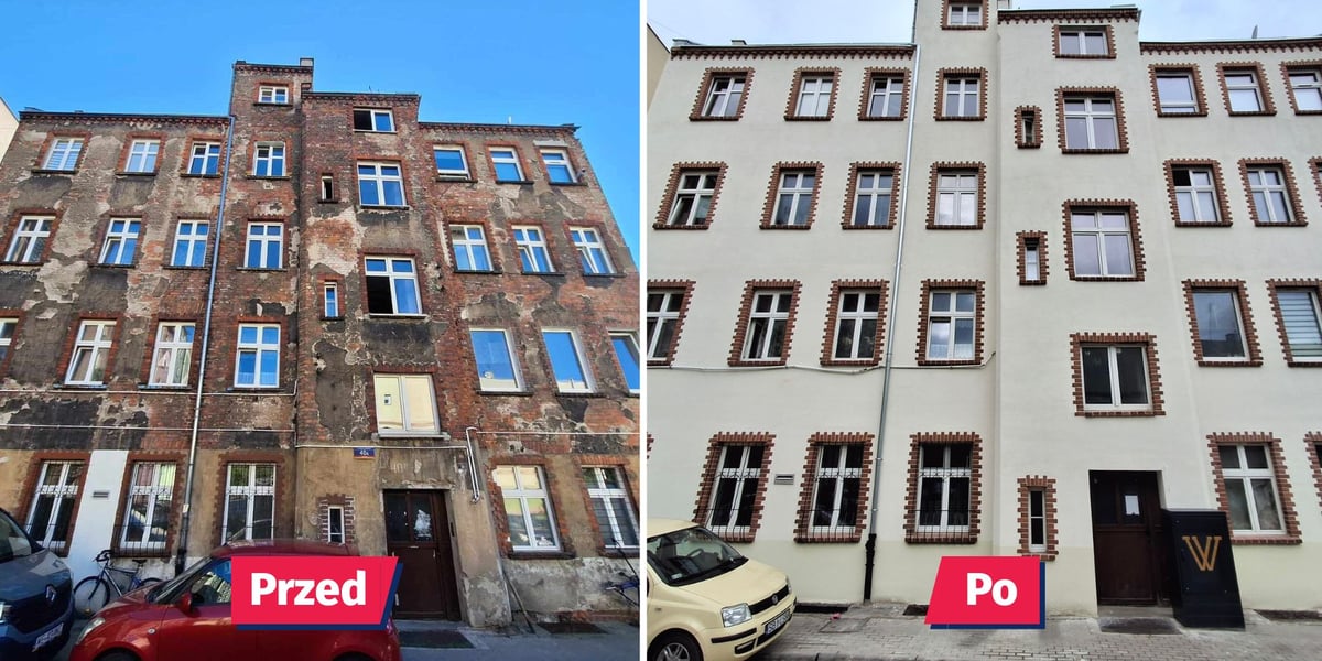Zdjęcie podzielone na pół: z lewej widok na fasadę kamienicy przy ul. Jagiellończyka 40a przed remontem; z prawej - ten sam budynek po remoncie elewacji.