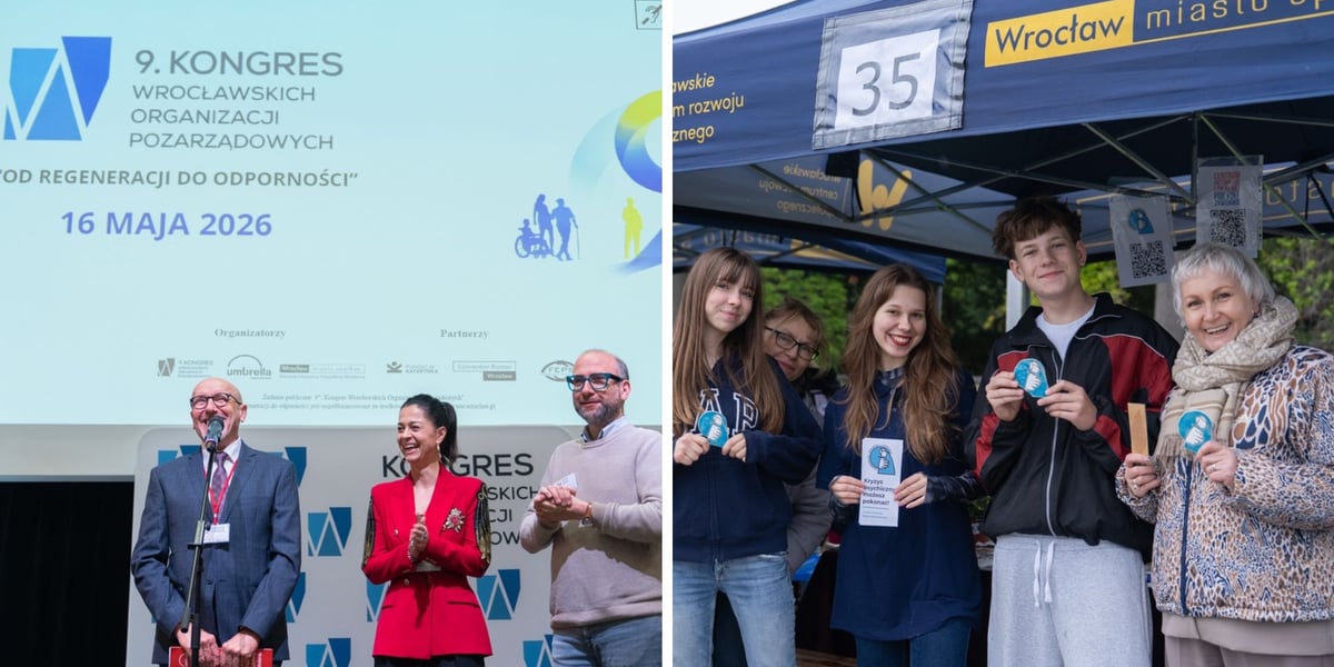 Kongres i targi organizacji pozarządowych we Wrocławiu. Z lewej otwarcie Kongresu, z prawej uśmiechnięci ludzie na targowym stoisku - 16 maja 2026 r.