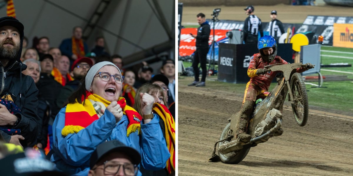 Zdjęcie podzielone na pół: z lewej kobieta z szalikiem Sparty Wrocław w grupie kibiców emocjonalnie dopinguje zawodników; z prawej - żużlowiec Betrad Sparty jedzie na torze unosząc przednie koło do góry - mecz Sparta Wrocław Pres Grupa Deweloperska Toruń na Stadionie Olimpijskim, 17 maja 2026 r.