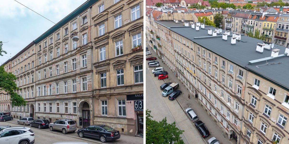 Zdjęcie podzielone na pół: z lewej - widok na fasady kilku kamienic przy ul. Sępa-Szarzyńskiego (nr 63, 65, 65A),; z prawej - to samo miejsce - ujęcie z drona.