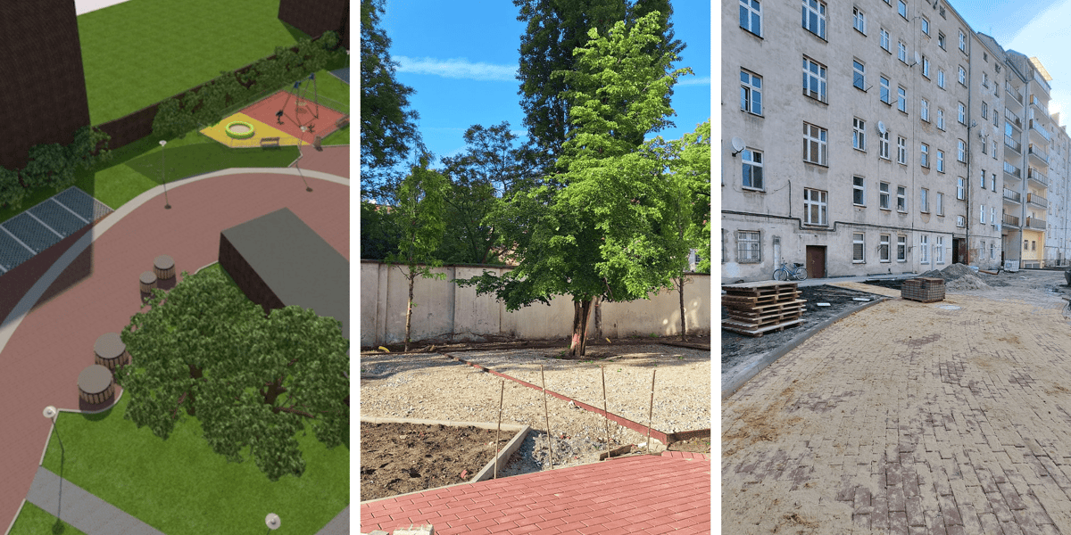 Kolaż 1 wizualizacji i 2 zdjęć, dotyczących podwórka między ulicami Prusa, Poniatowskiego, Oleśnicka i Żeromskiego we Wrocławiu