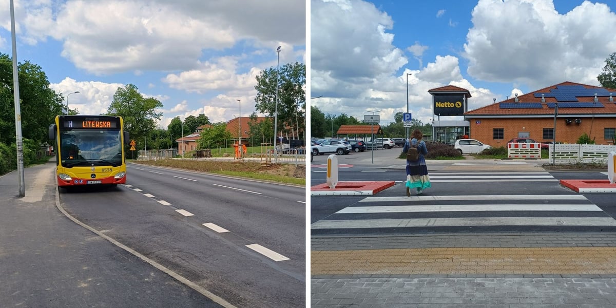 Zdjęcie dzielone na pół:  z lewej - wyremontowana zatoka przystankowa i fragment jezdni ul. Kiełczowskiej; z prawej - nowy azyl na przejściu dla pieszych na ul. Kiełczowskiej.