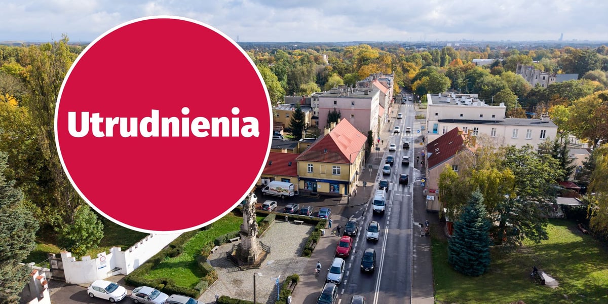 Widok na ul. Średzką z drona, z lewej na zdjęcie nałożony strony czerwony okrąg z napisem "Utrudnienia".