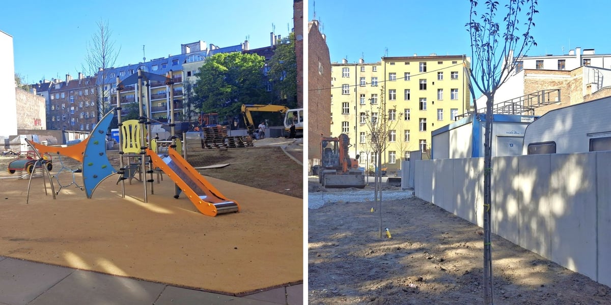 Zdjęcie podzielone na pół: z lewej - zjeżdżalnia i inne urządzenia na placu zabaw tworzonym na Podwórku im. Wszystkich Mieszkańców; po prawej - nowe drzewa posadzone na podwórku między ulicami Komuny Paryskiej, Mierniczą, Łukasińskiego i Prądzyńskiego.