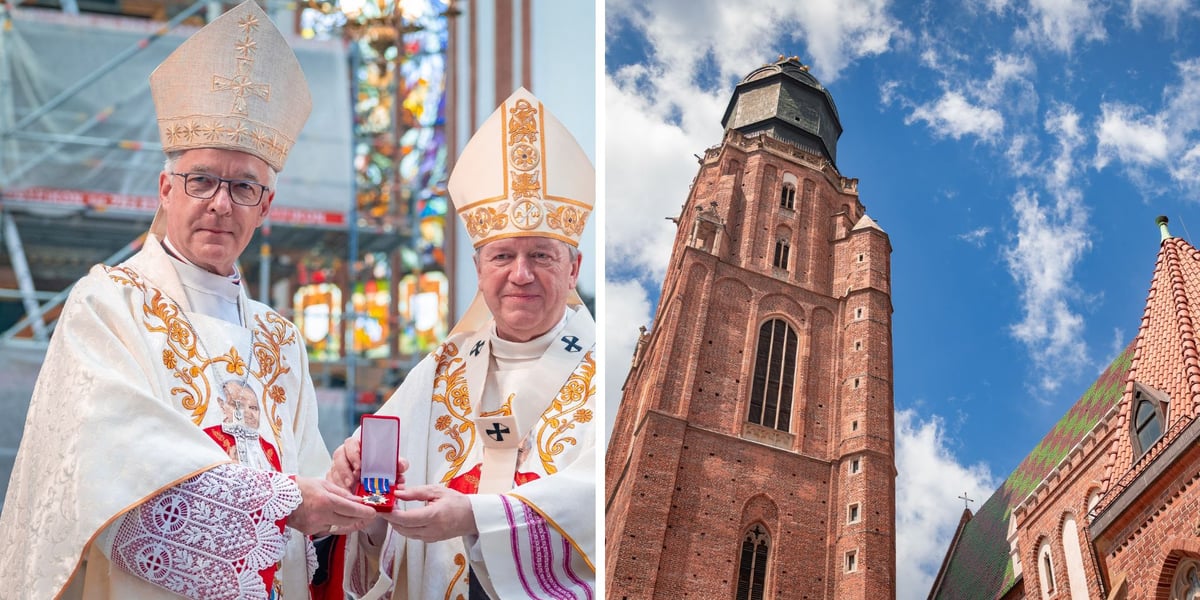 Dwóch mężczyzn w strojach liturgicznych. Od lewej strony stoją: biskup polowy Wojska Polskiego Wiesław Lechowicz i arcybiskup metropolita wrocławski Józef Kupny. Uroczystości erygowania Sanktuarium św. Jana Pawła II w Kościele Garnizonowym, 31.05.2026 r. 