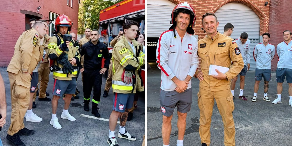 Grupa mężczyzn w jednostce straży pożarnej, w tle wozy strażackie. Robert Lewandowski i piłkarze reprezentacji Polski w Jednostce Ratowniczo-Gaśniczej nr 2 we Wrocławiu.  