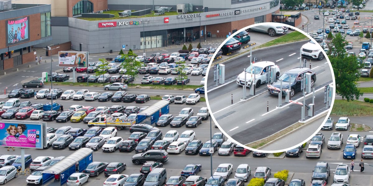 Zdjęcie w tle: parking przy centrum handlowym Magnolia Park - ujęcie z drona; w kółku: samochody zatrzymujące się przed szlabanem.