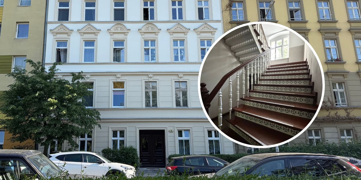 w tle: odrestaurowana kamienica przy ul. Prusa 49; w kółku: odrestaurowana  klatka schodowa z widocznymi drewnianymi schodami