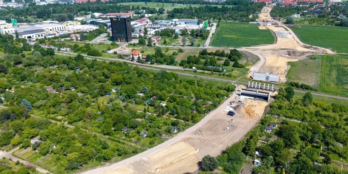 Widok z lotu ptaka na budowę Wschodniej Obwodnicy Wrocławia